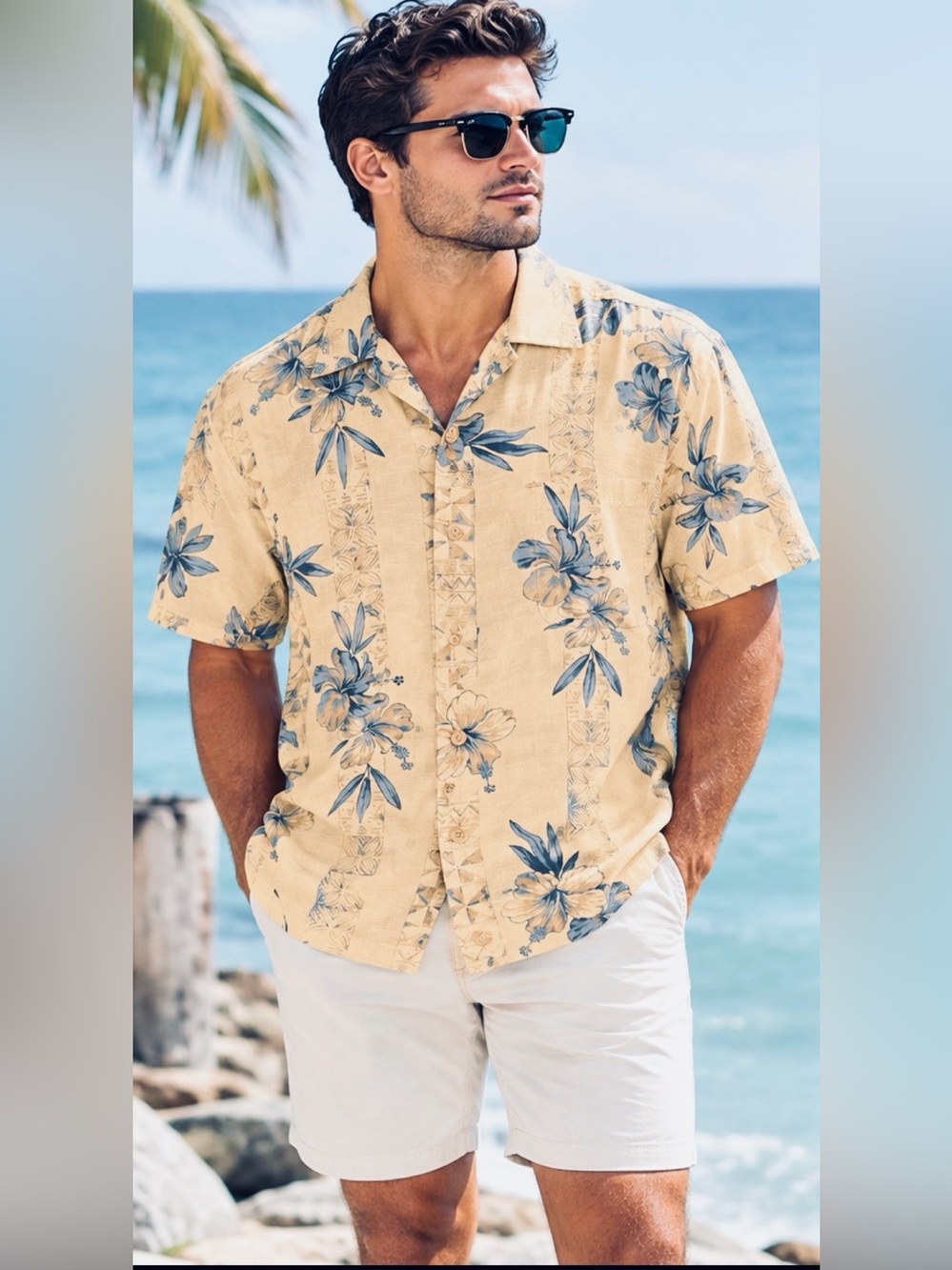 Paradise Collection 100% Silk Beige & Blue Hawaiian Camp Button Up Shirt Size M